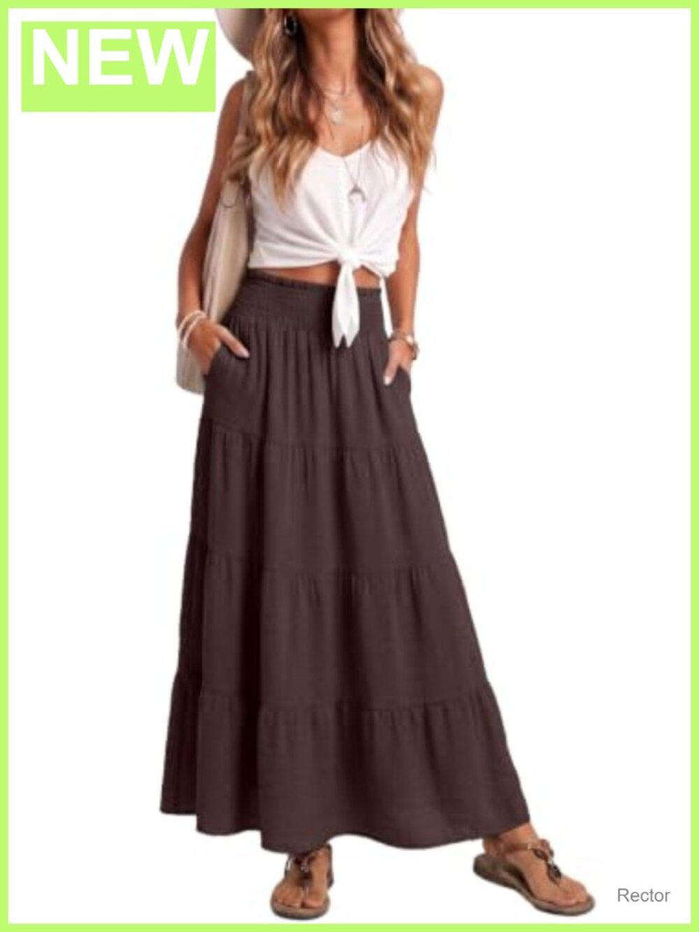 Women's Maxi Skirt Smocked High Waist Flowy Tiered Ruffle Hem Pockets
